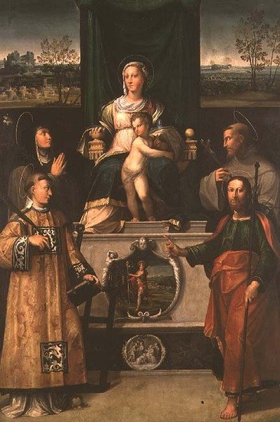 Madone et Enfant en trône avec des saints - Italian School