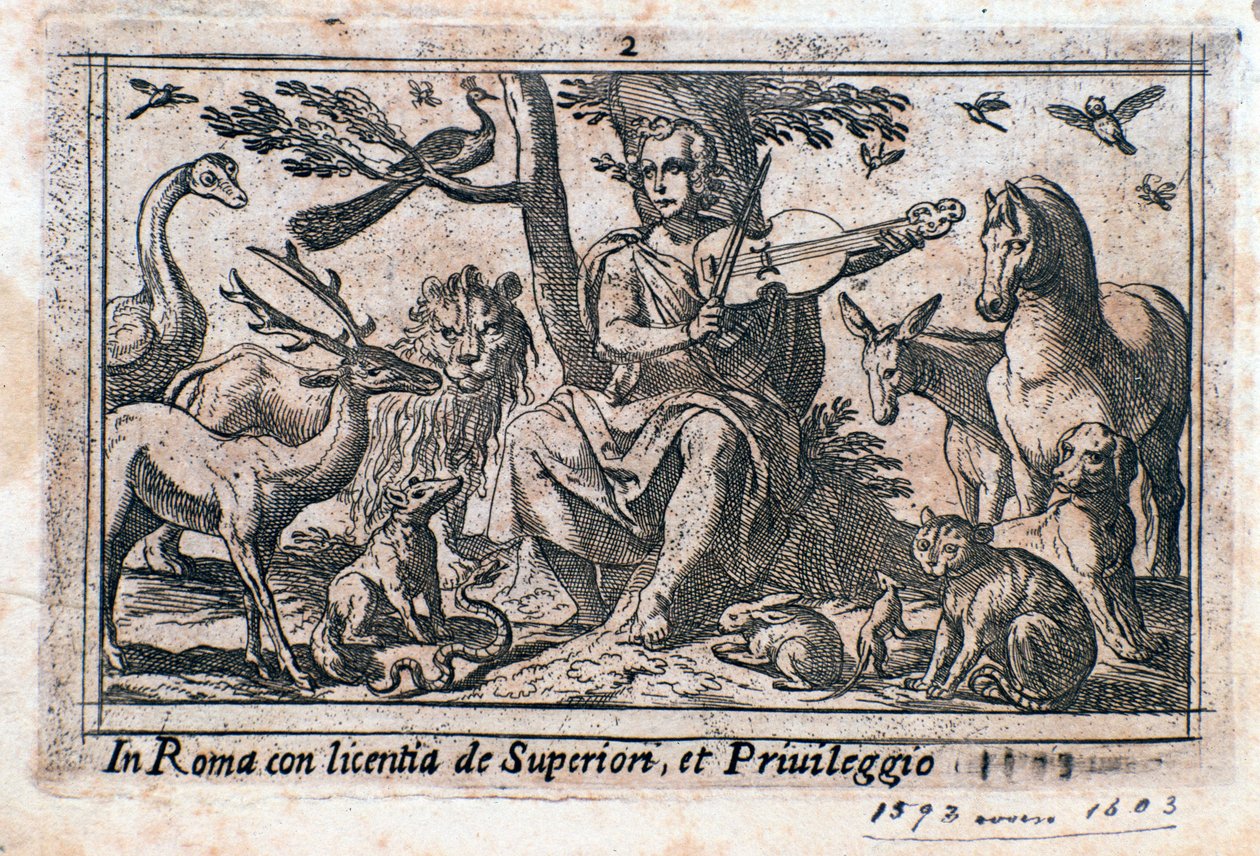 Orphée jouant parmi les animaux. (gravure sur bois) - Italian School