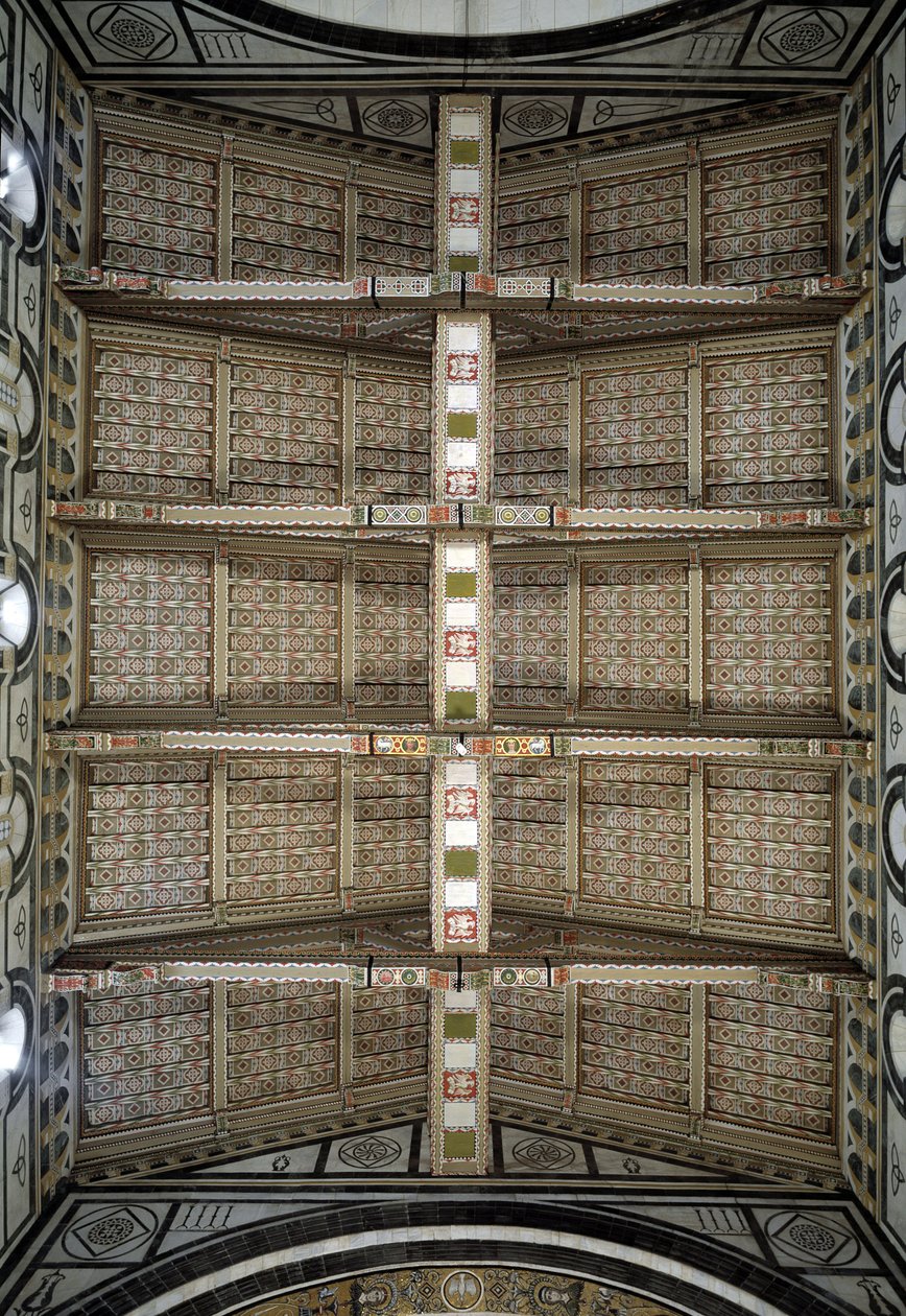 Vue du plafond à poutres en bois - Italian School