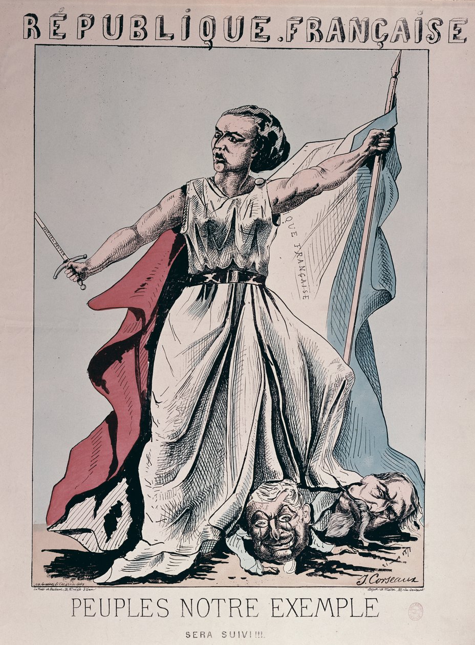 Personnification de la République française en tant que Louise Michel piétinant les têtes de Louis Adolphe Thiers et Napoléon III - J. Corseaux