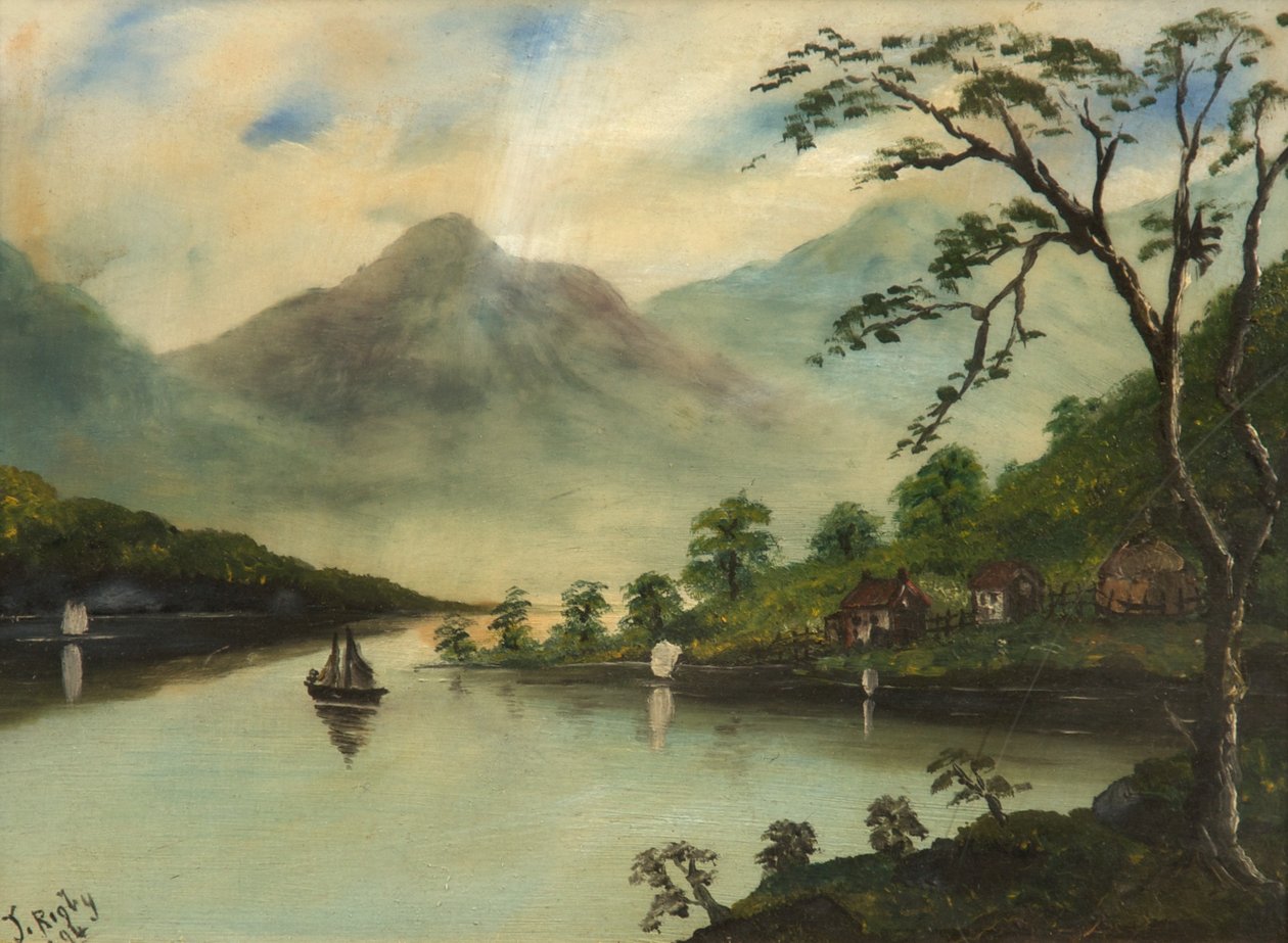 Paysage avec lac, montagnes et bateau à voile, 1894 - J. Rigby