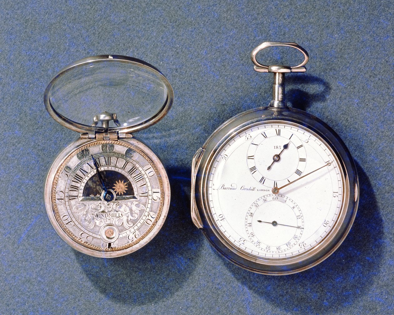 Montre à cadran solaire et lunaire, par J.Windmills, c.1700; chronomètre de poche, par Barraud, Londres, 1797 - J.Windmills and Barraud 1797