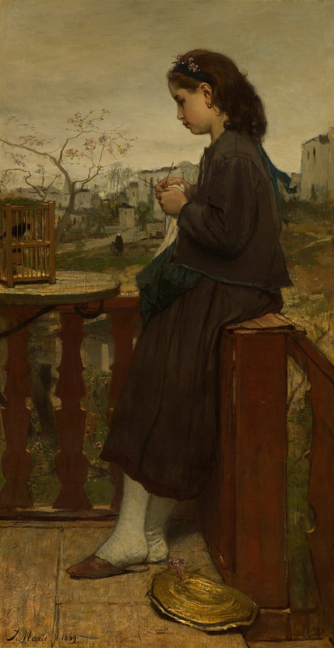 Fille tricotant sur un balcon, Montmartre - Jacob Henricus or Hendricus Maris