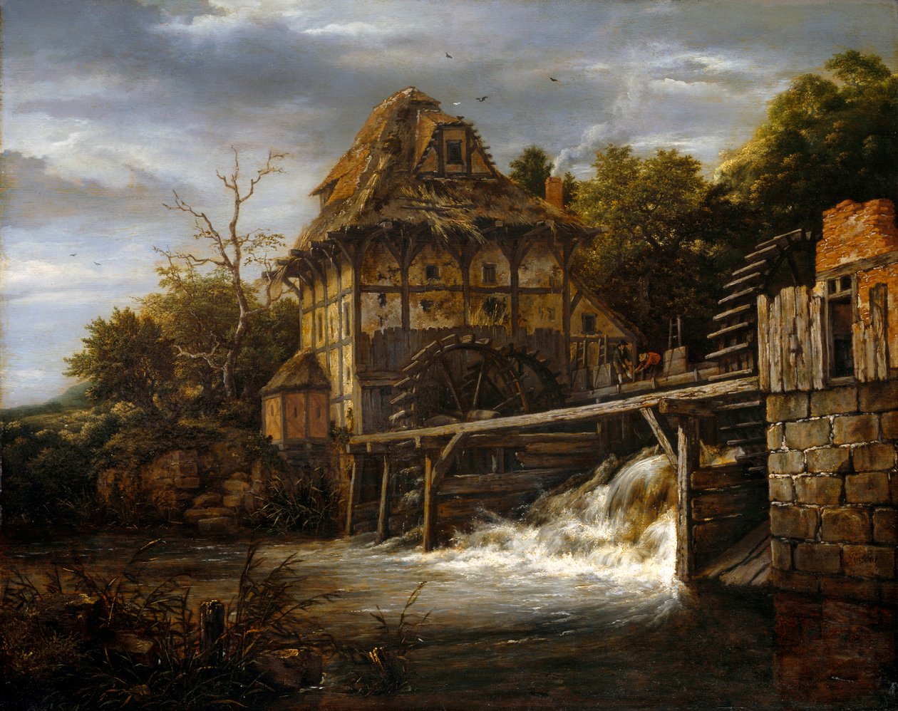 Deux moulins à eau avec des hommes ouvrant une écluse - Jacob van Ruisdael