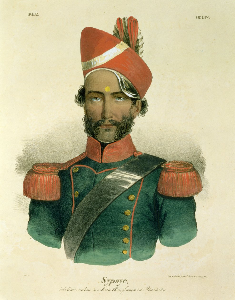 Un Sepoy : un soldat indien dans le bataillon français à Pondichéry, gravé par Racinet - Jacques Francois Gauderique Llanta