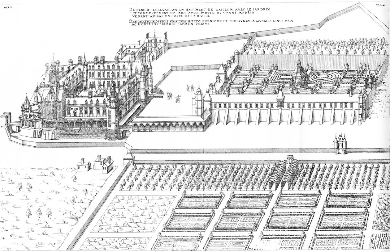 Gravure du premier volume des plus excellents bâtiments de France par Jacques I Androuet du Cerceau. Vue générale latérale en perspective du Château de Gaillon - Jacques I Androuet du Cerceau