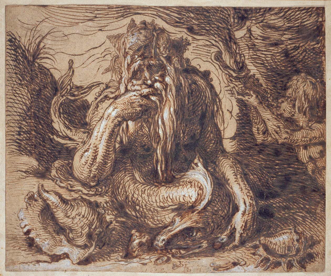 Neptune, 1610 (stylo et encre rehaussés de gouache sur papier) - Jacques II de Gheyn