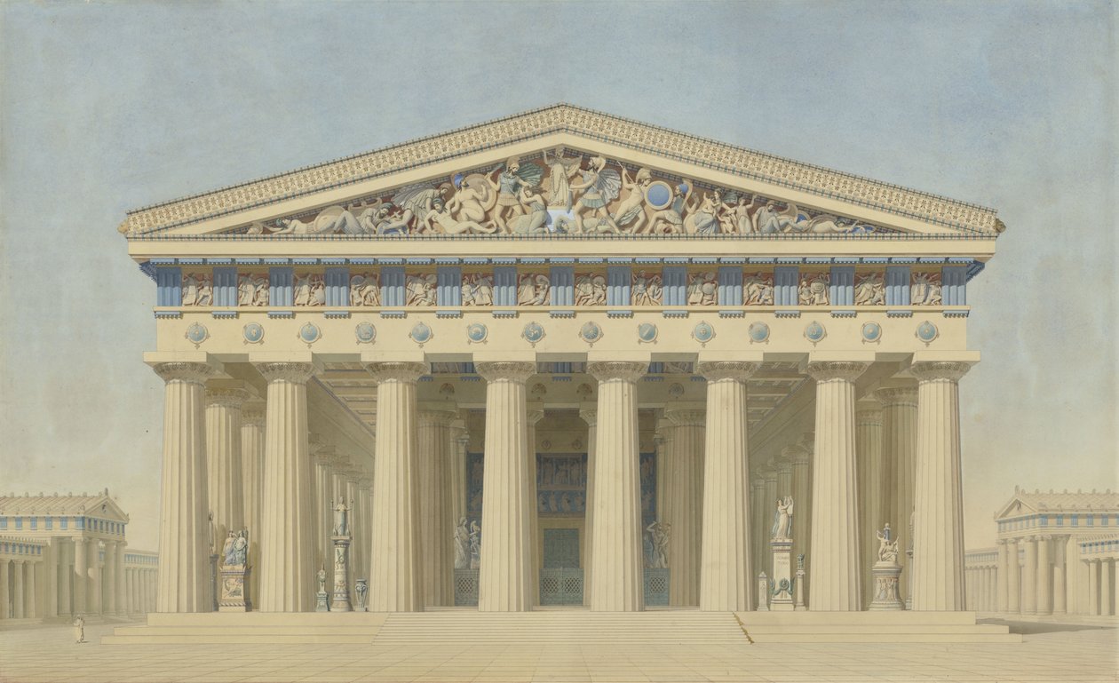 Temple T à Sélinonte (Sicile), élévation reconstruite de la façade principale - Jacques Ignace Hittorff
