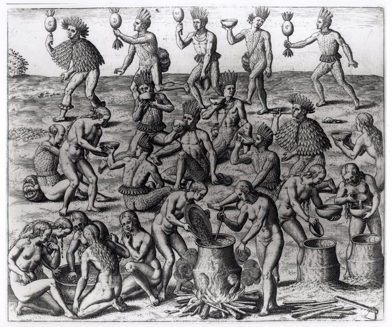 Femmes indiennes préparant la racine de manioc, gravé par Théodore de Bry, tiré de 