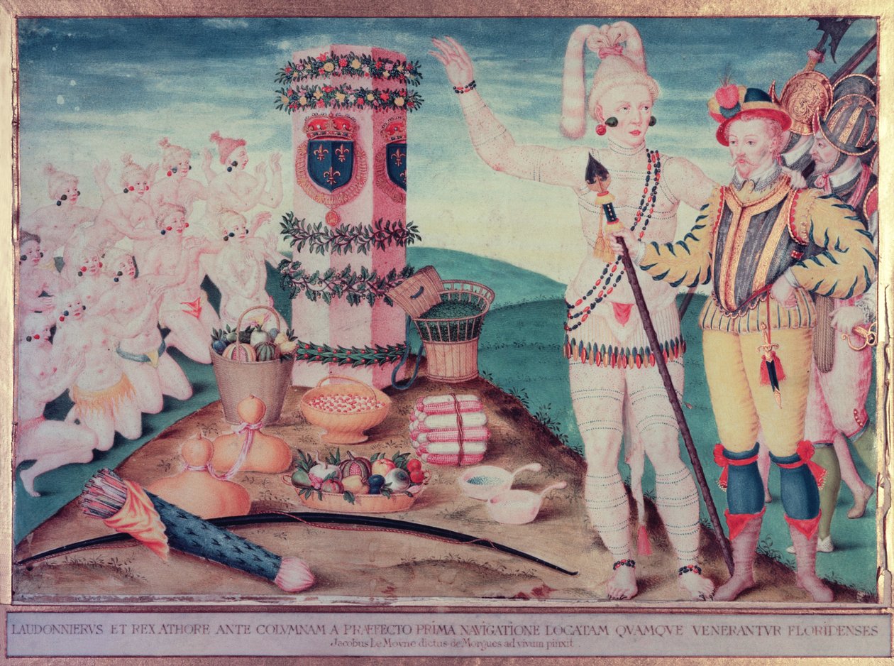 René Goulaine de Laudonnière (c.1529-82) et le chef Athore devant la colonne de Ribault, c.1570 - Jacques Le Moyne