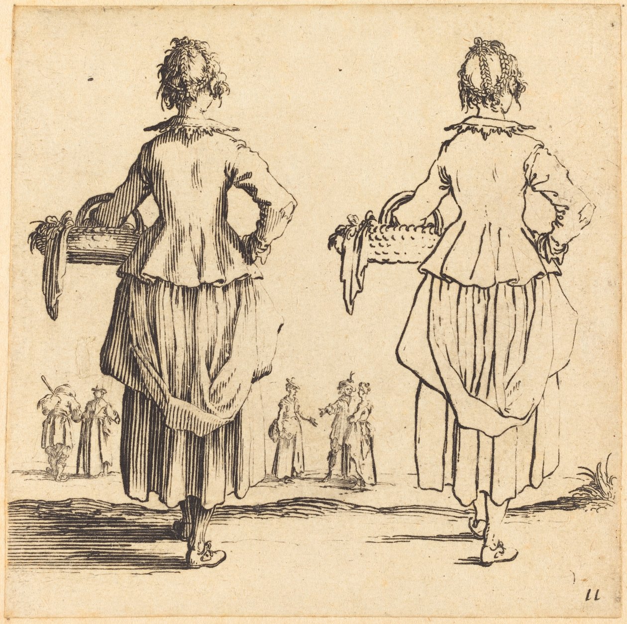 Paysanne avec panier, vue de dos - Jacques Callot