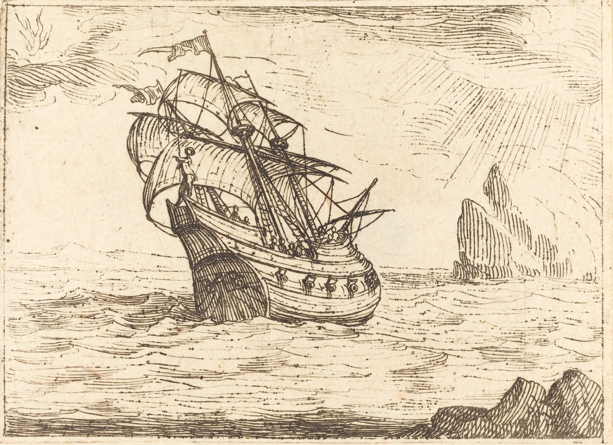 Navire naviguant près des rochers - Jacques Callot