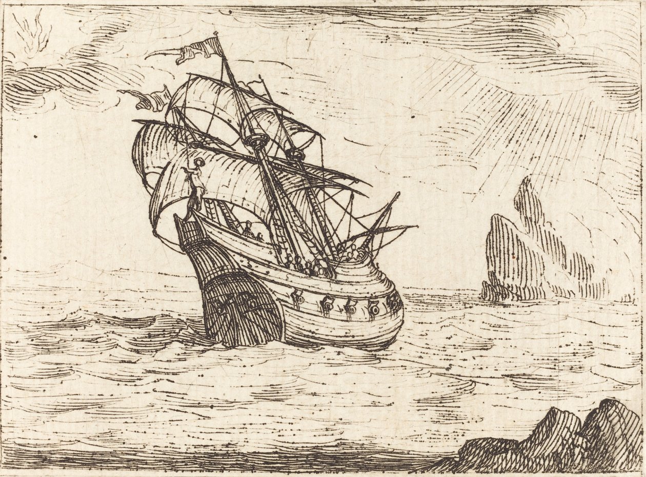 Navire naviguant près des rochers - Jacques Callot
