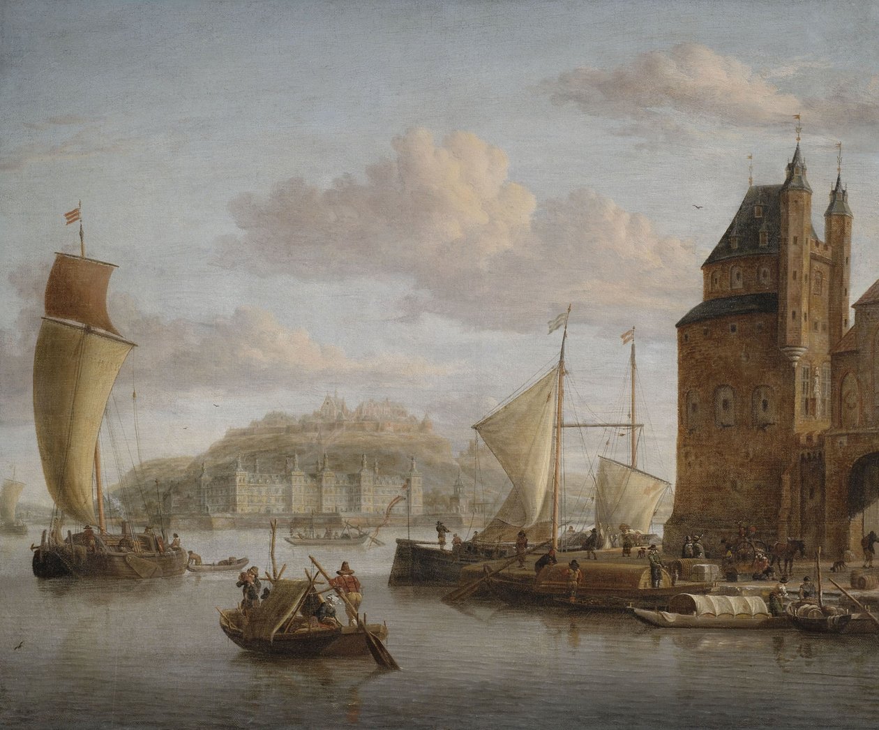 Port nord avec un château, de nombreux bateaux de charge et des marchands - Jakobus storck
