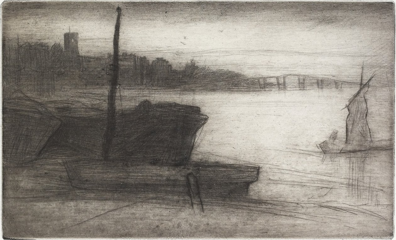 Pont de Chelsea et église de Sixteen Etchings of Scenes on the Thames and Other Subjects, 1870-1871 - James Abbott McNeill Whistler