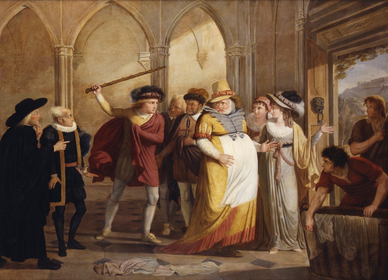Falstaff déguisé conduit par Mme Page, Acte 4 Scène 2, dans Les Joyeuses Commères de Windsor, par William Shakespeare (1564-1616) c.1805 - James Durno