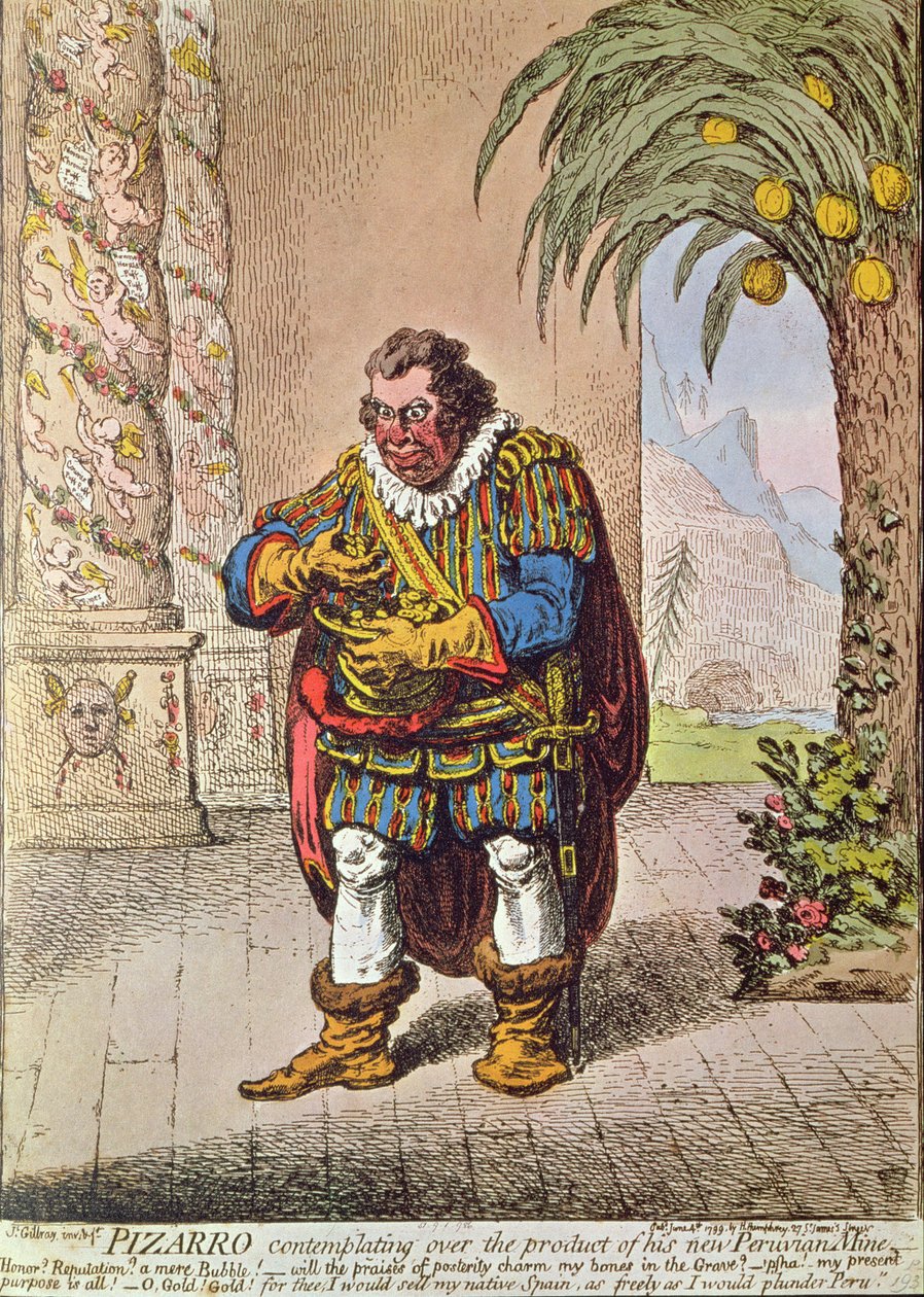 Caricature de Pizarro contemplant le produit de sa nouvelle mine péruvienne - James Gillray