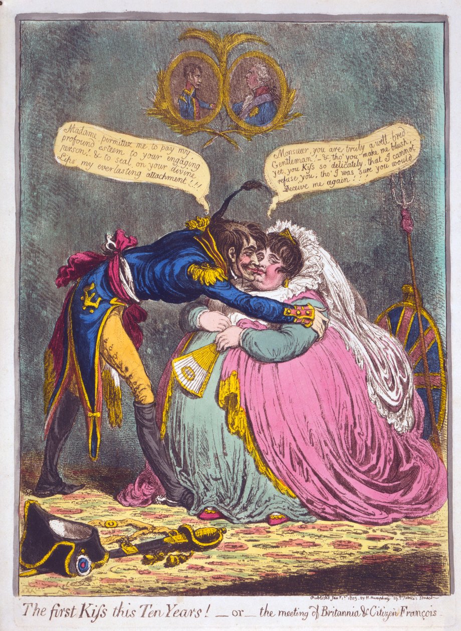 Le premier baiser depuis dix ans ! Ou la rencontre de Britannia et du citoyen François, publié en 1803 (gravure en couleur) - James Gillray