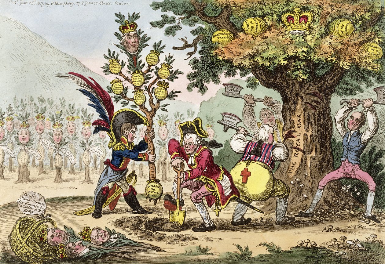 La nouvelle dynastie, ou Le petit jardinier corse plantant un arbre royal Pippin, publié par Hannah Humphrey en 1807 - James Gillray