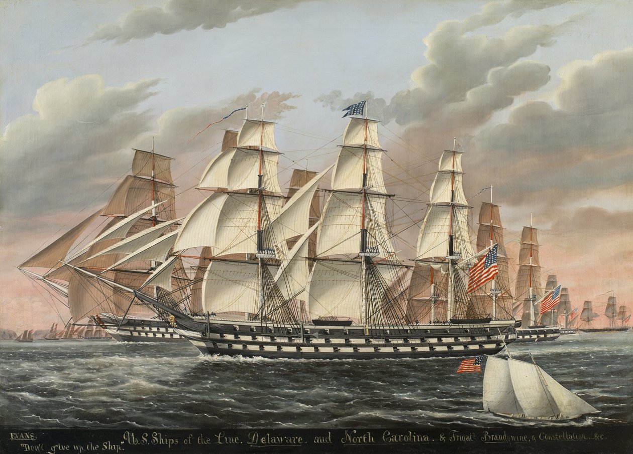 Navires de ligne et frégates américaines Delaware et North Carolina, Brandywine, et Constellation, 1848 - James Guy Evans