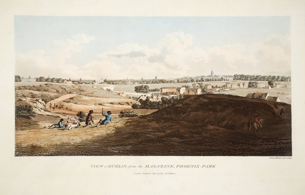 Vue de Dublin depuis le Magazine, Phoenix Park, 1795 (gravure coloriée à la main) - James Malton