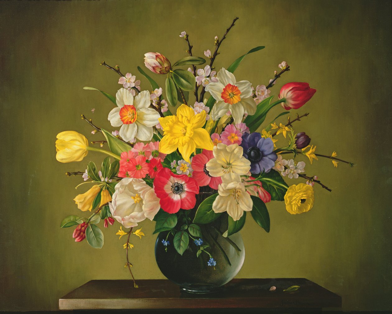 Narcisses, Anémones, Tulipes, Forsythia, Rhododendron et Fleurs de Pommier dans un Vase en Verre - James Noble