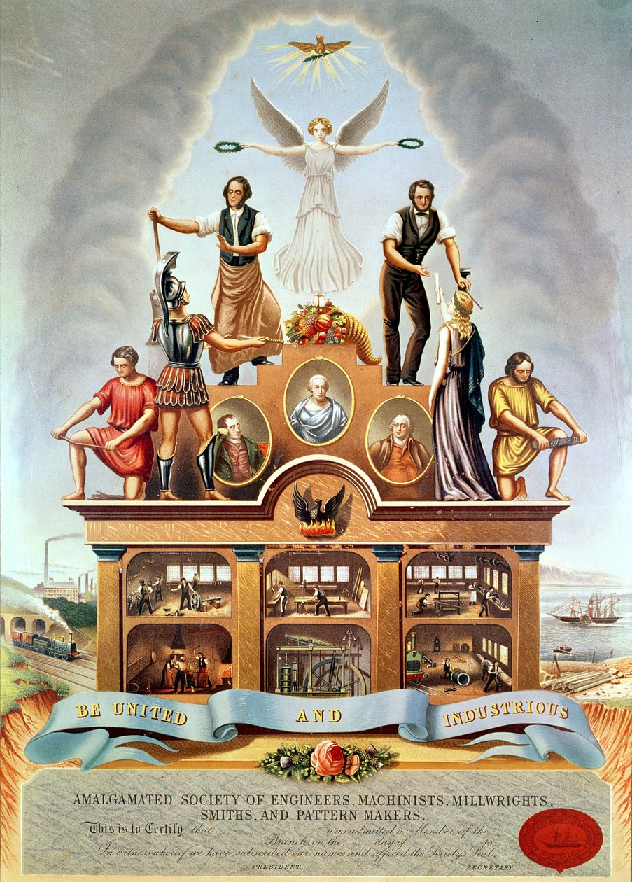 Emblème commercial de la Société amalgamée des ingénieurs, machinistes, mécaniciens, forgerons et modeleurs, gravé par George Greatbach, 1852 - James Sharples
