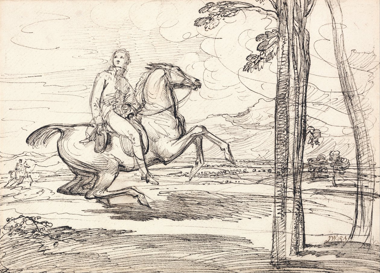 Un cavalier dans un paysage - Probablement une étude pour Theophilus Levett chassant le renard dans le parc de Wychnor - James Ward
