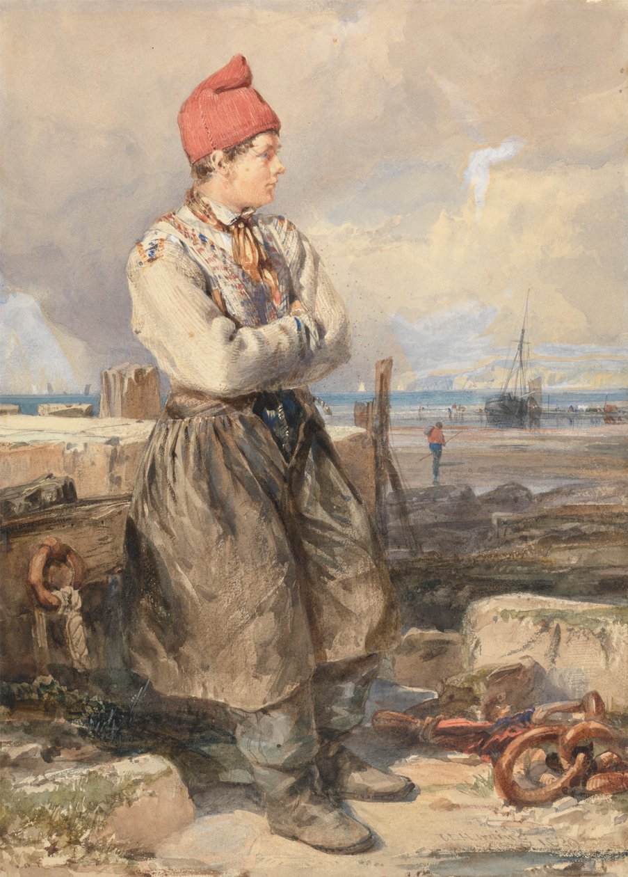 Scène de la côte française avec un garçon pêcheur - James Duffield Harding