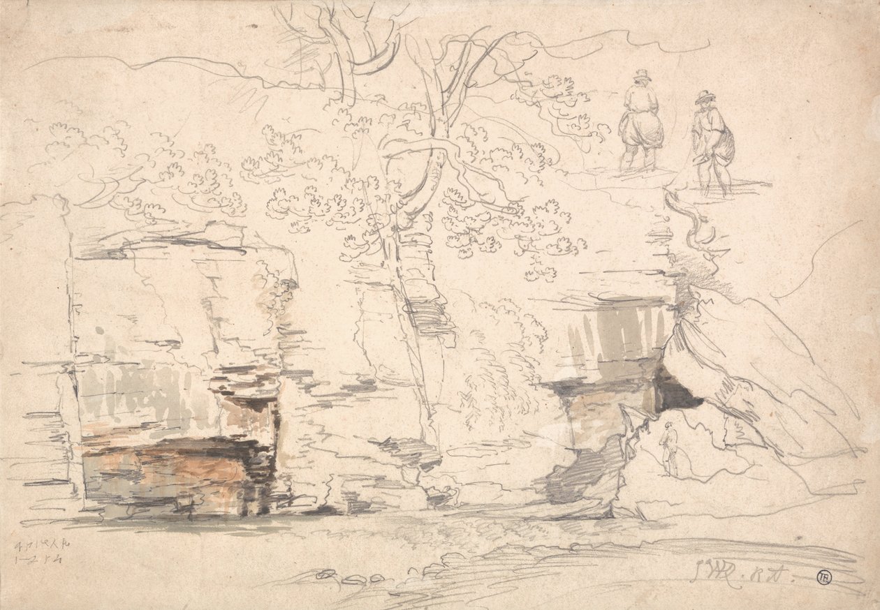 Une colline rocheuse avec des arbres et des figures - James Ward
