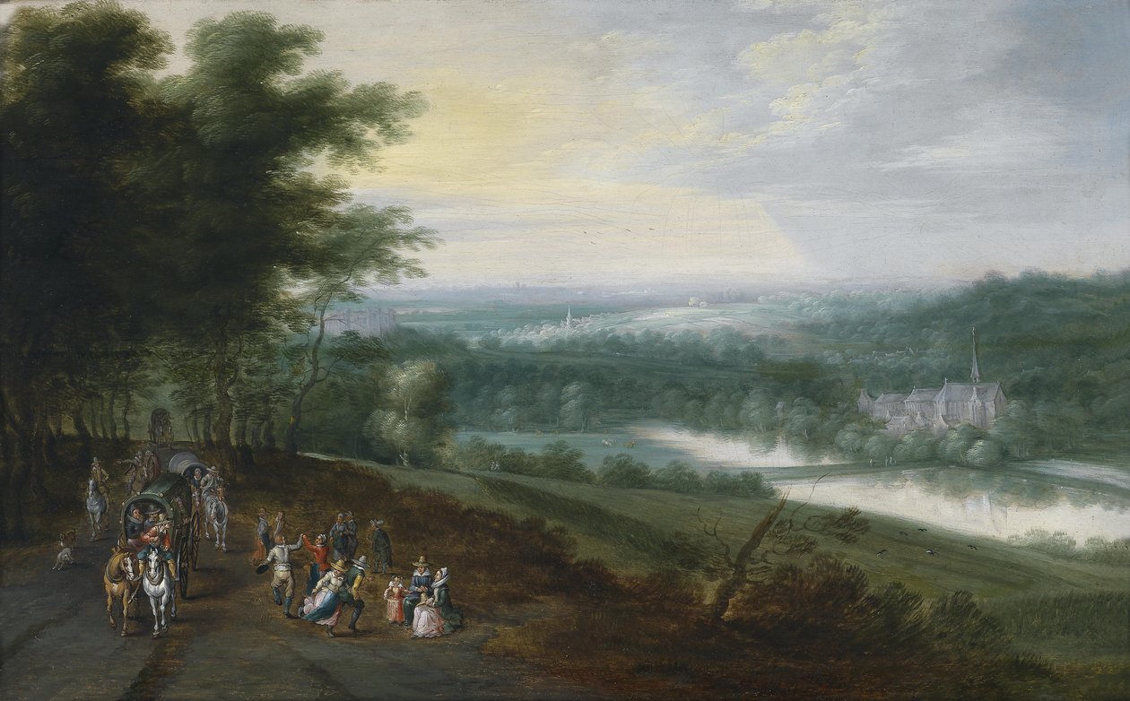 Vaste paysage fluvial avec des voyageurs et des paysans dansant sur un chemin, en arrière-plan un monastère - Jan Brueghel the Younger