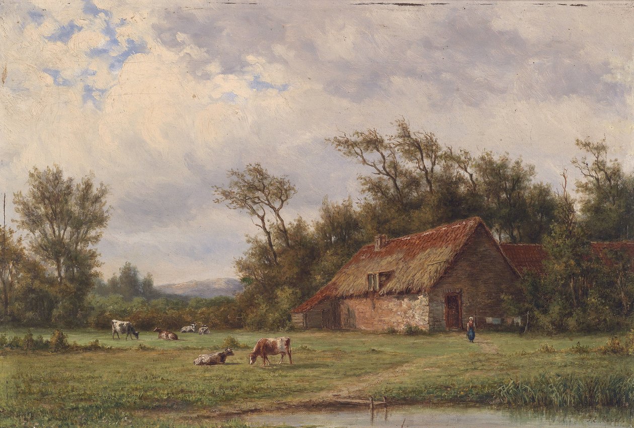 Paysage avec ferme, vaches et personnages - Jan Evert Morel