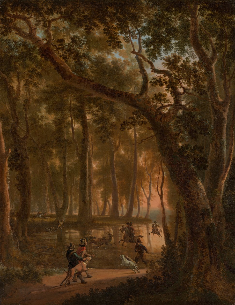 Chasse au cerf dans une forêt - Jan Hackaert