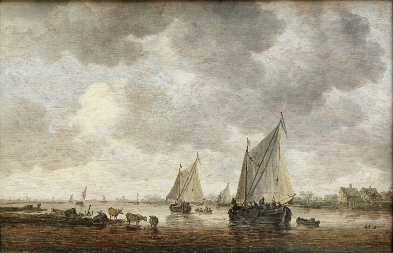Deux grandes barques à voiles sur un fleuve et bestiaux près de la rive - Jan Josephsz van Goyen