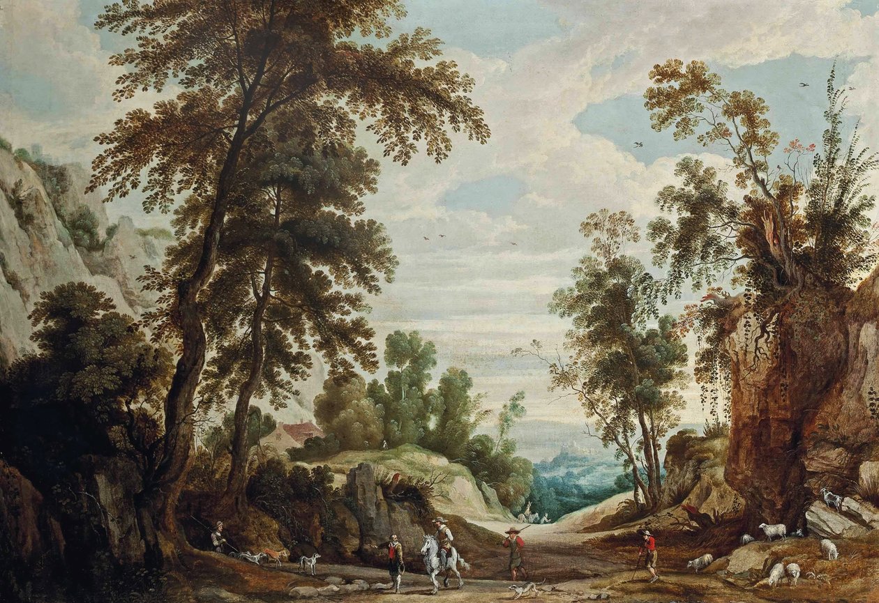 Paysage boisé avec un cavalier et des bergers avec leur troupeau sur un chemin, un château au loin - Jan Wildens