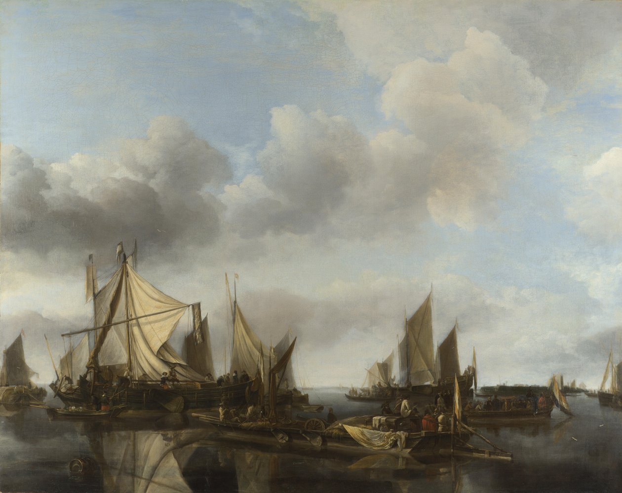 Scène de rivière avec un grand ferry et de nombreux navires - Jan van de Cappelle