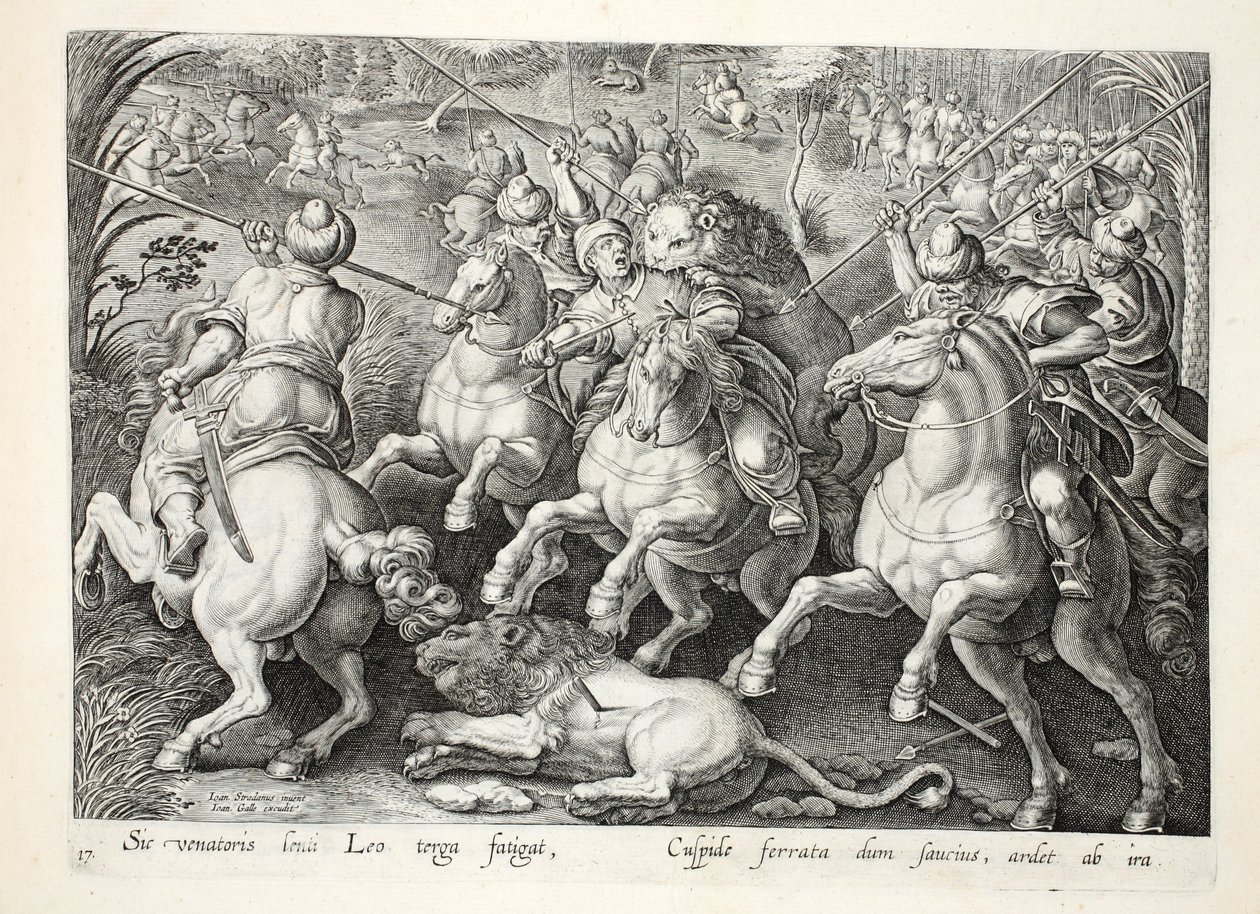 Une chasse au lion avec des lances, illustration de 