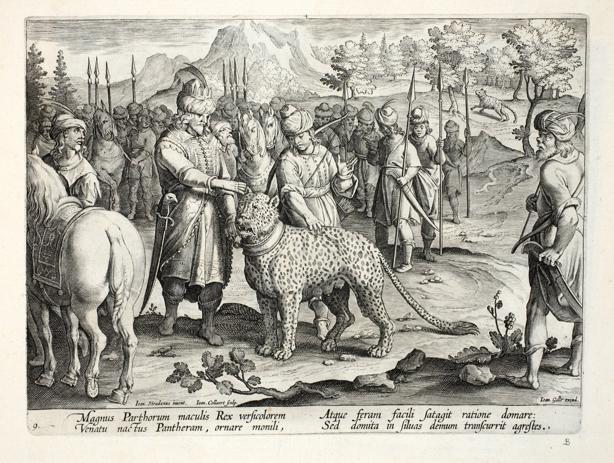 Le Grand Roi des Parthes chasse avec ses panthères apprivoisées, illustration de 