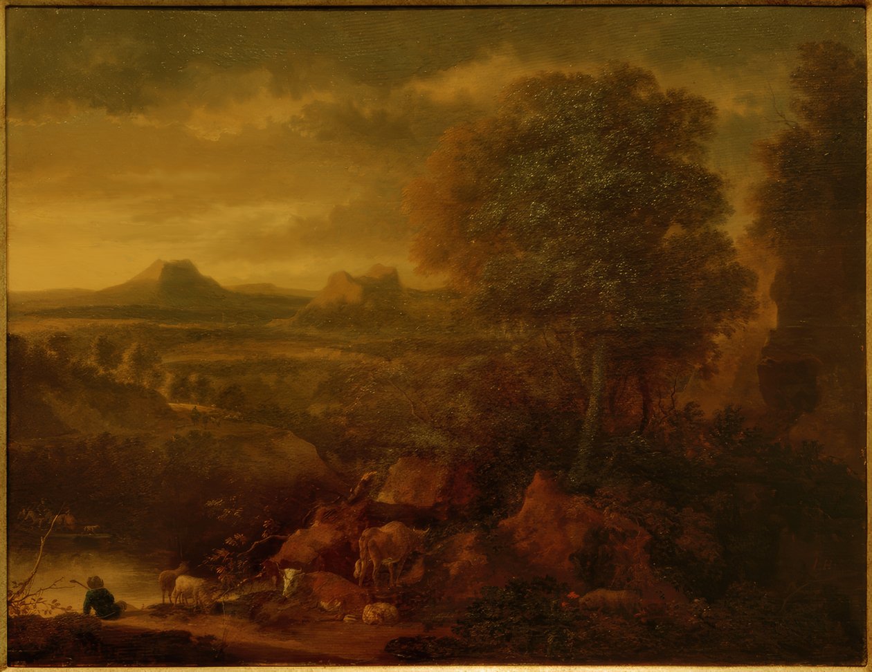 Paysage méridional avec bergers, troupeau et scène de chasse - Jan Hackaert