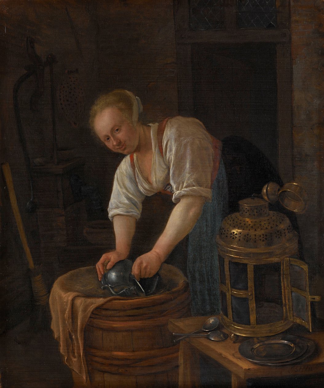 Femme récurant des ustensiles en métal - Jan Havicksz. Steen