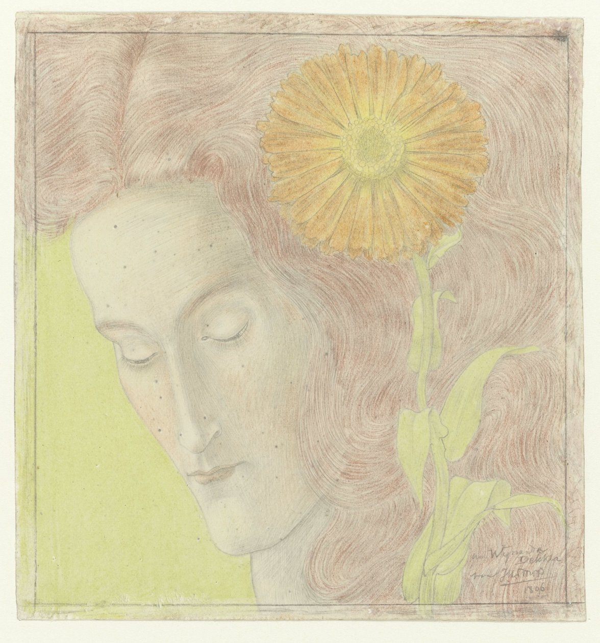Tête de femme aux cheveux roux et chrysanthème - Jan Toorop
