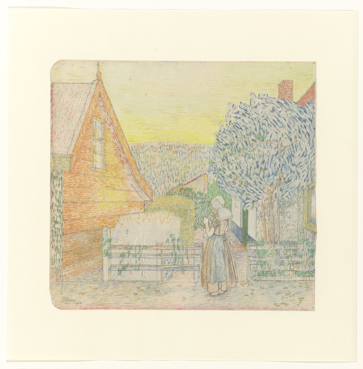 Fille zélandaise tricotant dans une cour - Jan Toorop