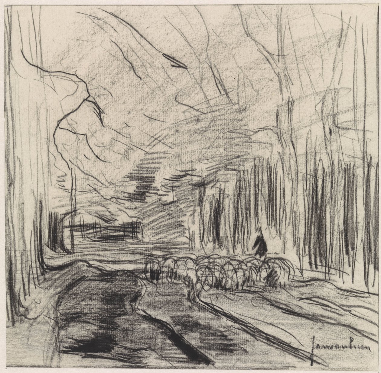 Troupeau de moutons dans une forêt - Jan van Essen