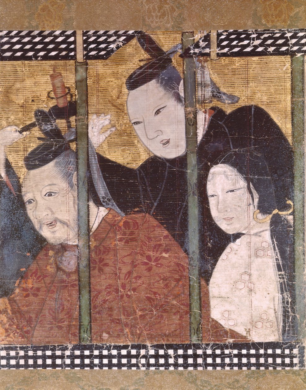 Deux hommes et une femme derrière un auvent, détail d