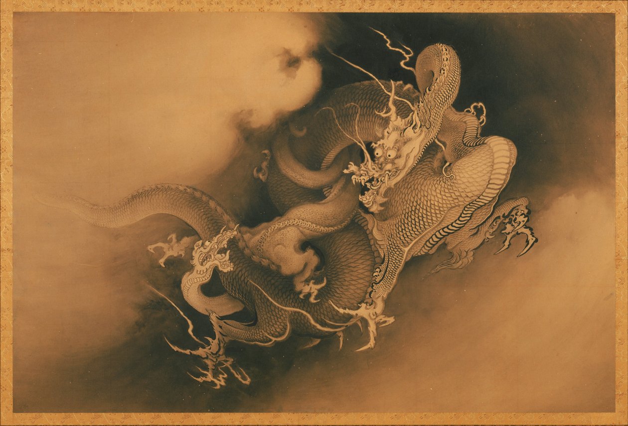 Deux dragons dans les nuages - Japanese Kanō Hōgai