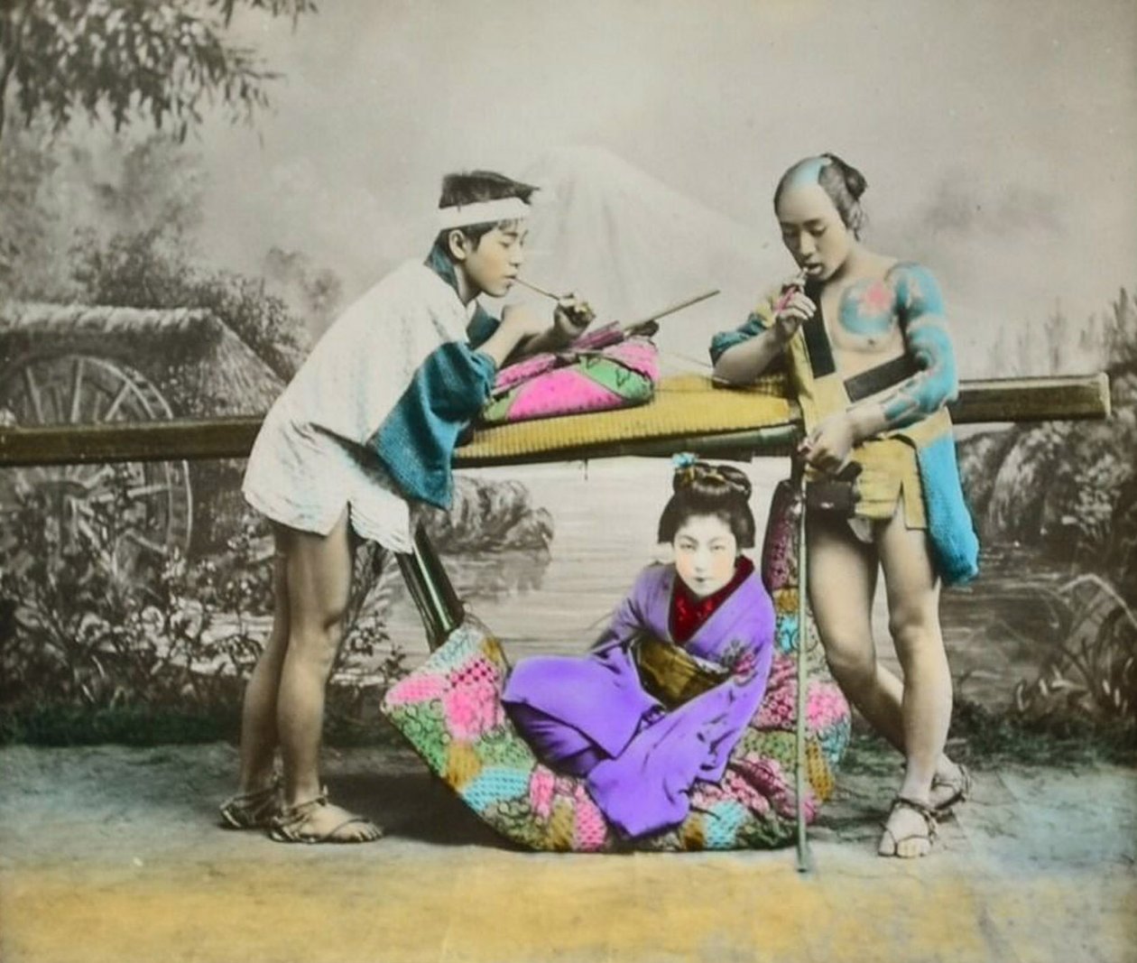 Impression albuminée japonaise colorée à la main, vers 1880 - Japanese Photographer