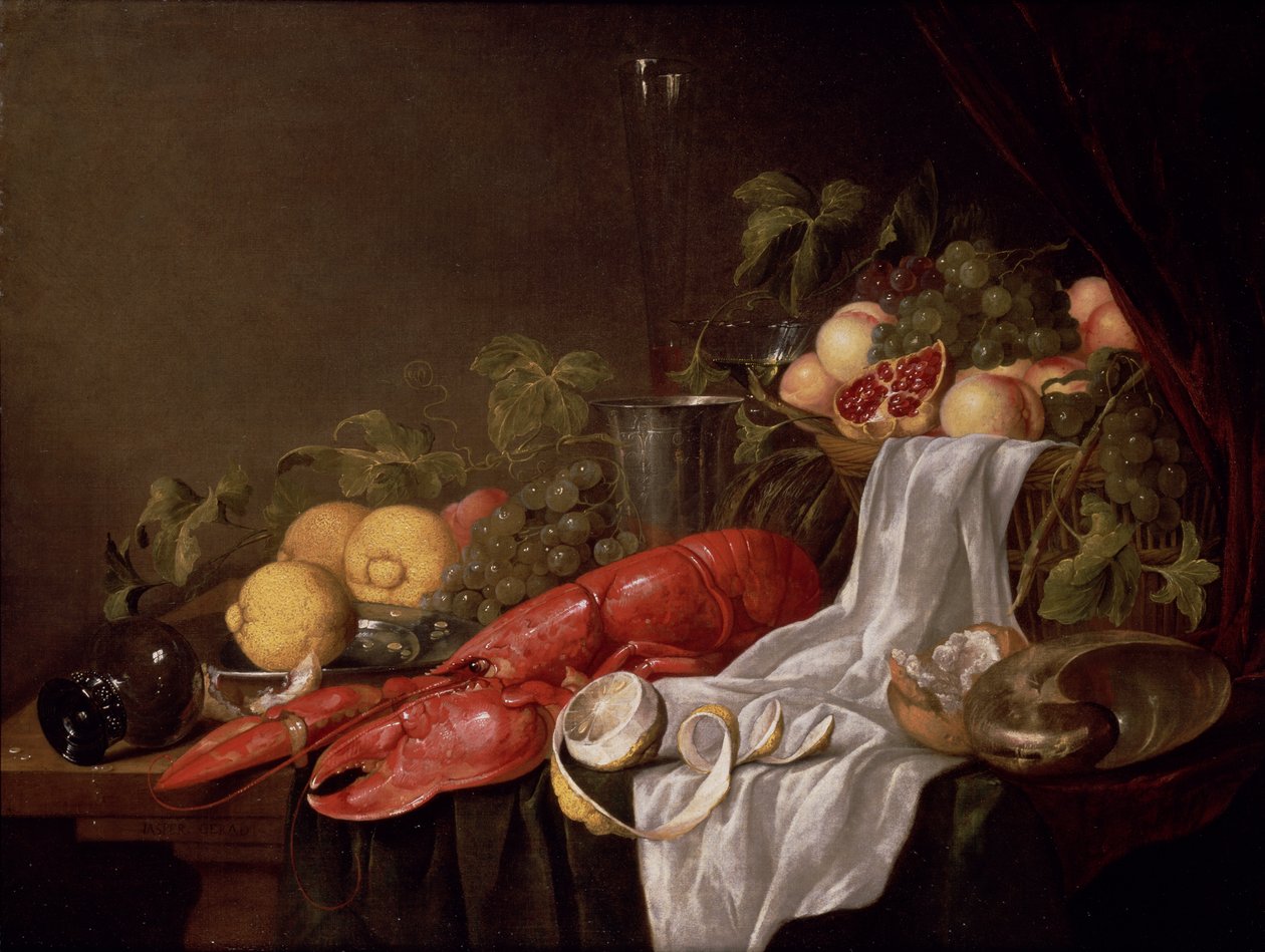 Nature morte de fruits et un homard sur une table drapée de tissu - Jasper Geerards