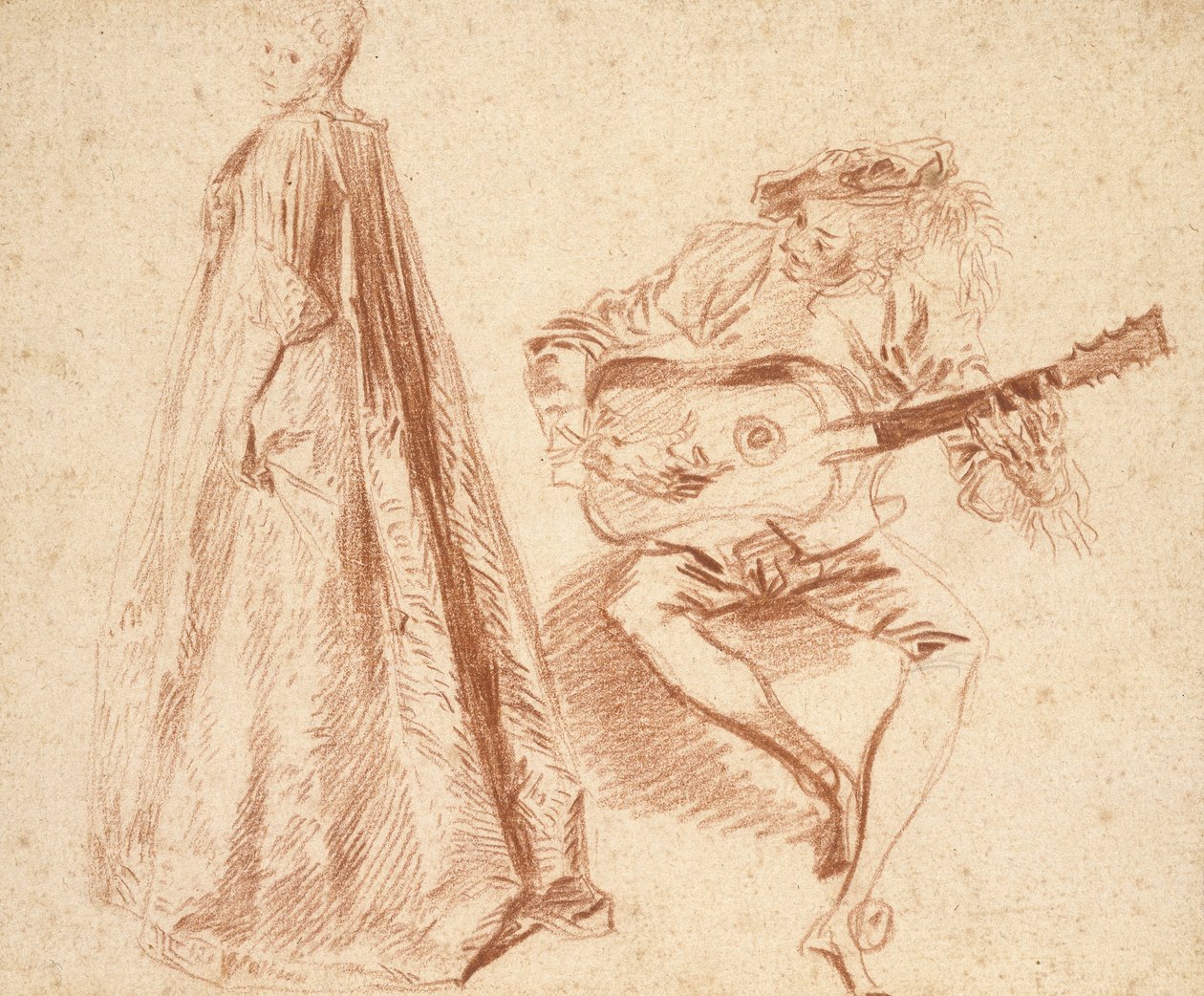 Fille debout de profil à gauche, regardant par-dessus son épaule gauche, avec un homme à droite jouant de la guitare - Jean Antoine Watteau