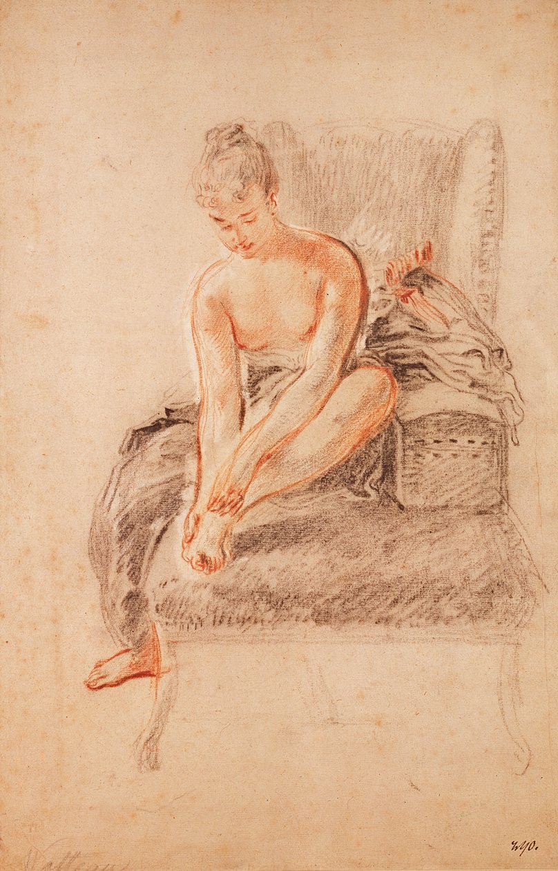 Femme semi-nue assise sur une chaise longue, tenant son pied - Jean Antoine Watteau