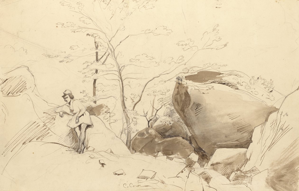 Fontainebleau, figure appuyée contre un rocher - Jean Baptiste Camille Corot